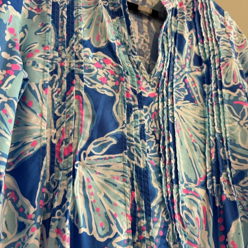 Lilly Pulitzer Tunic Top Colorful Floral Beach Coastal 3/4 Sleeve V Neck S - Picture 3 of 6